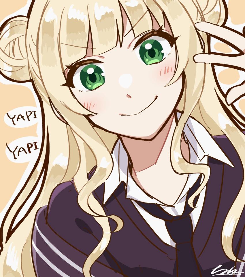 1girl, black_necktie, blonde_hair, blush, closed_mouth, collared_shirt, commentary_request, double_bun