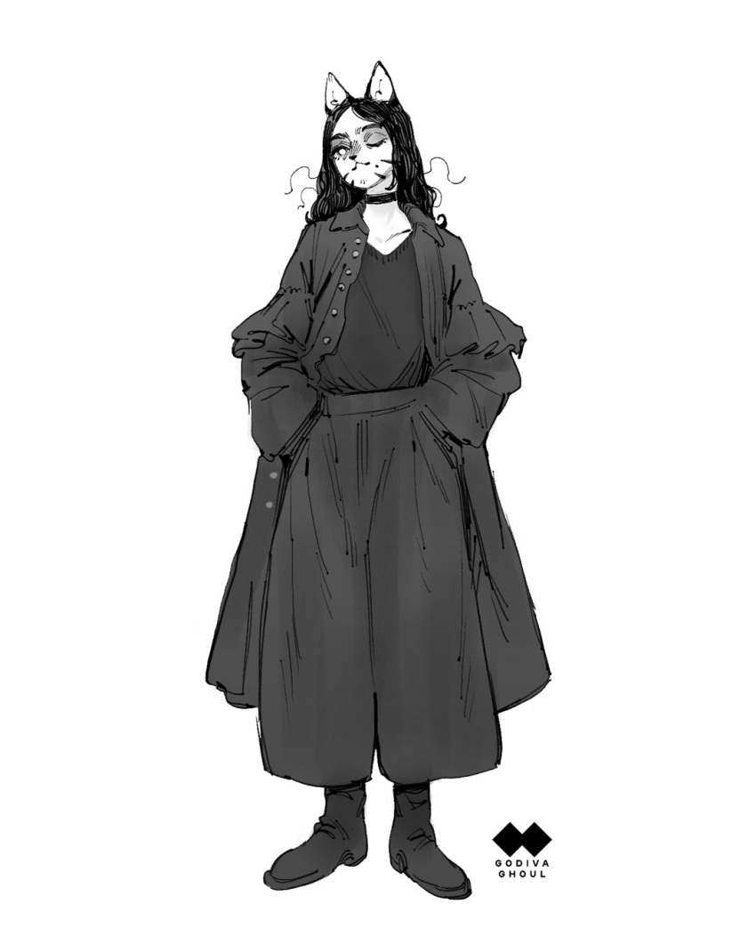 1girl, animal_ears, artist_logo, artist_name, baggy_pants, boots, buttons, cat_ears