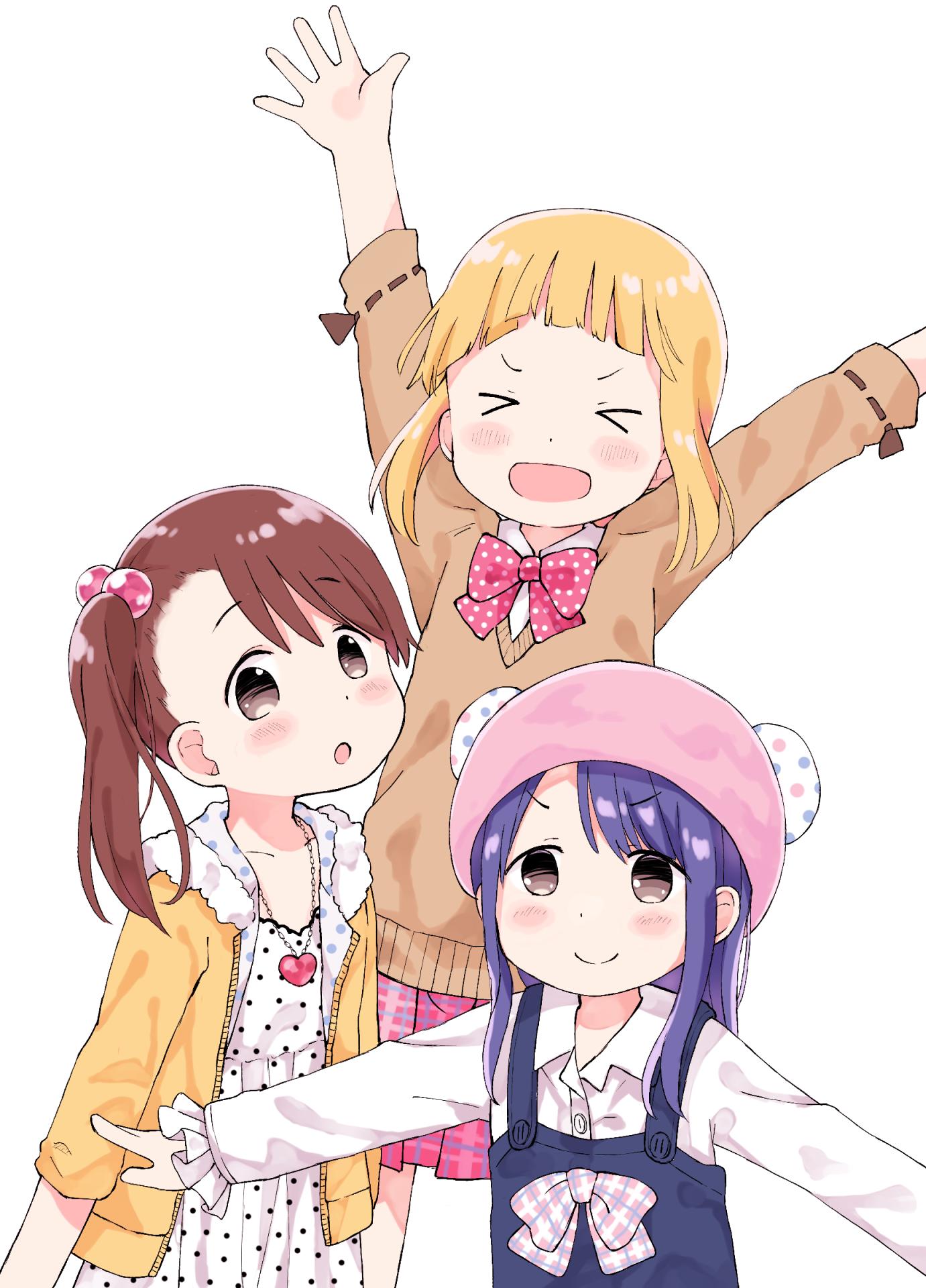>_<, 3girls, :d, akamatsu_yui, animal_ears, animal_hat, aoyama_kotoha_(mitsuboshi_colors), arms_up, bear_ears, blonde_hair, blue_dress, blush, bow, bowtie, brown_eyes, brown_hair, brown_sweater, buttons, child, closed_mouth, collarbone, collared_shirt, commentary_request, dot_nose, dress, dress_bow, dress_shirt, facing_viewer, frilled_sleeves, frills, fur-trimmed_jacket, fur_trim, hair_bobbles, hair_ornament, happy, hat, heart, heart_necklace, highres, jacket, jewelry, kise_saki, long_hair, long_sleeves, looking_at_viewer, medium_hair, miniskirt, mitsuboshi_colors, multiple_girls, nanoningen_(anapoko), necklace, open_clothes, open_jacket, open_mouth, outstretched_arms, pink_bow, pink_hat, pink_skirt, plaid, plaid_skirt, pleated_skirt, polka_dot, polka_dot_dress, purple_hair, school_uniform, shirt, side_ponytail, simple_background, skirt, smile, sweater, unzipped, v-shaped_eyebrows, white_background, white_dress, white_shirt, yellow_jacket