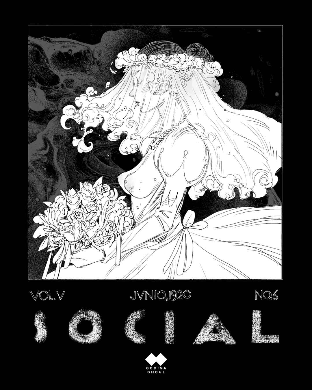 1girl, artist_logo, artist_name, blush, bouquet, breastless_clothes, breasts, bridal_veil, closed_eyes, cover, derivative_work, dress, english_text, floating_clothes, flower, frilled_veil, from_side, godiva_ghoul, greyscale, hair_bun, highres, holding, holding_bouquet, inset_border, jewelry, juliet_sleeves, large_areolae, lips, long_sleeves, medium_breasts, monochrome, necklace, nipples, nose, original, pearl_necklace, perky_breasts, profile, puffy_nipples, puffy_sleeves, roman_numeral, rose, single_hair_bun, solo, swirl, upper_body, veil, wavy_hair, wedding_dress