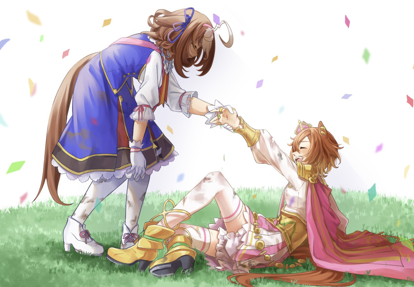 2girls, :d, ahoge, animal_ears, armor, blue_dress, blue_jacket, boots