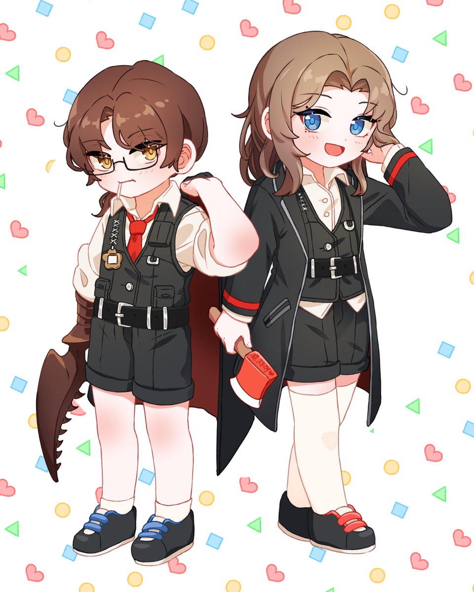 1boy, 1girl, aged_down, arthropod_limbs, axe, black_coat, black_footwear, black_vest