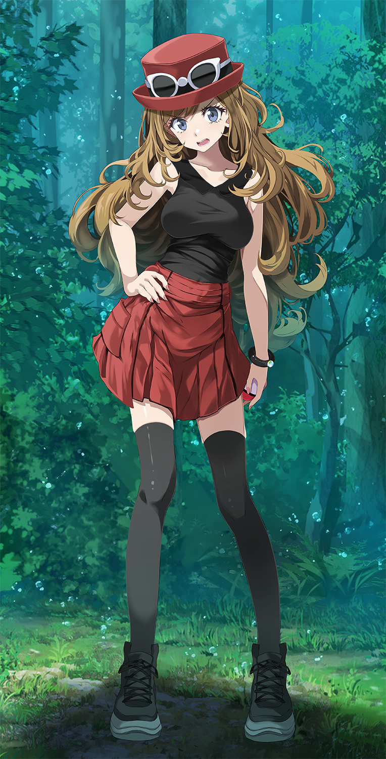 1girl, bare_arms, black_footwear, black_shirt, black_thighhighs, blue_eyes, bracelet, breasts