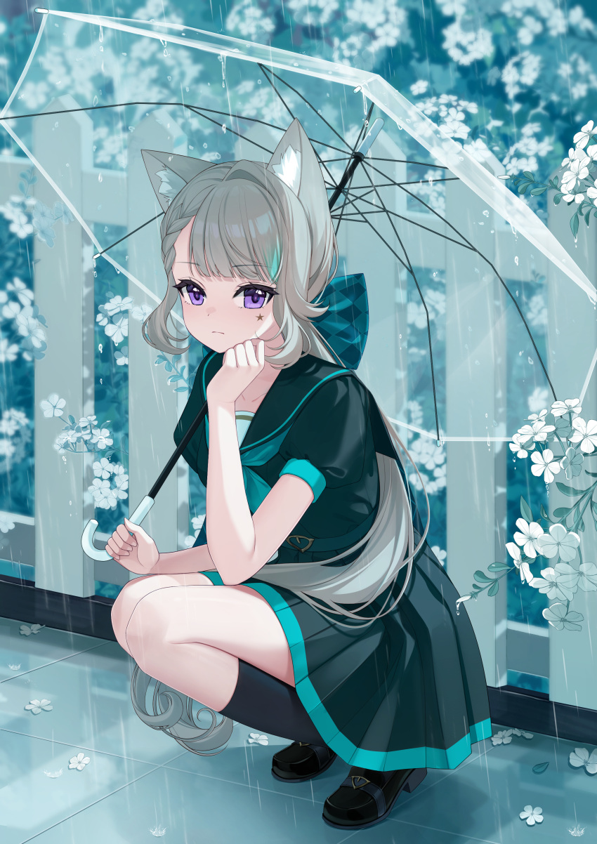 1girl, absurdres, animal_ear_fluff, animal_ears, black_sailor_collar, black_serafuku, black_shirt, black_skirt