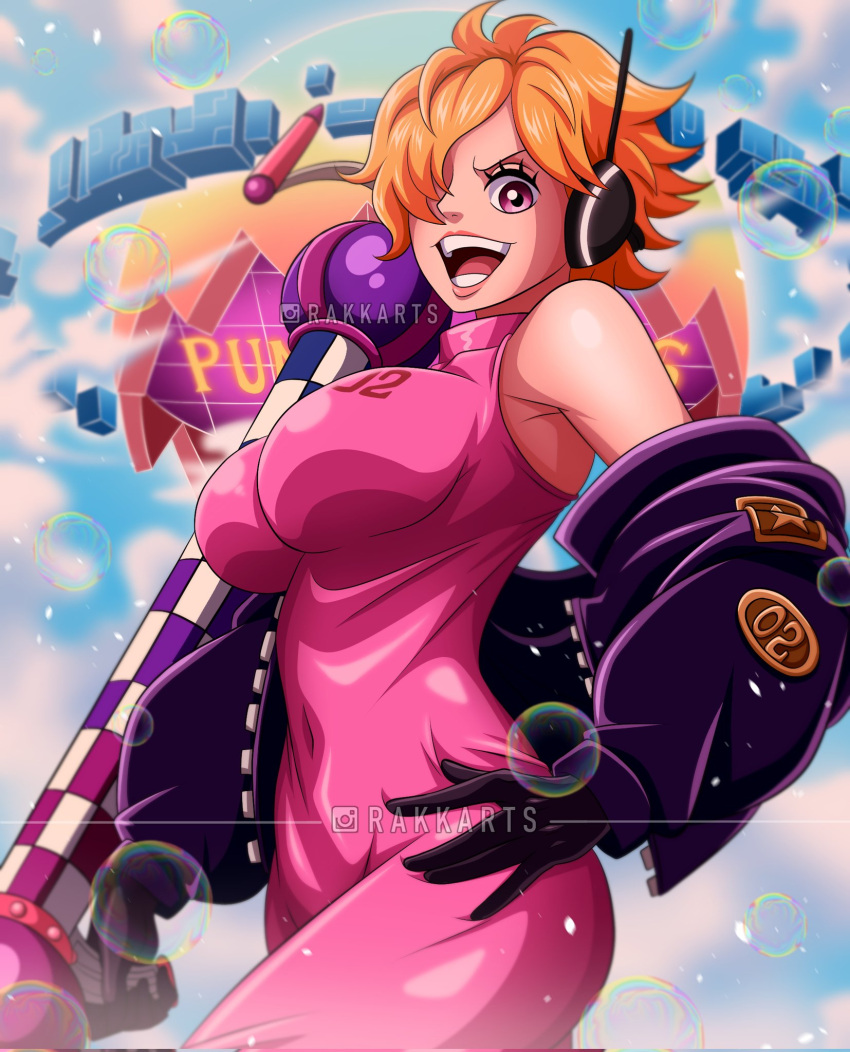 1girl, artist_name, bare_shoulders, black_gloves, bodysuit, commentary, earpiece, english_commentary