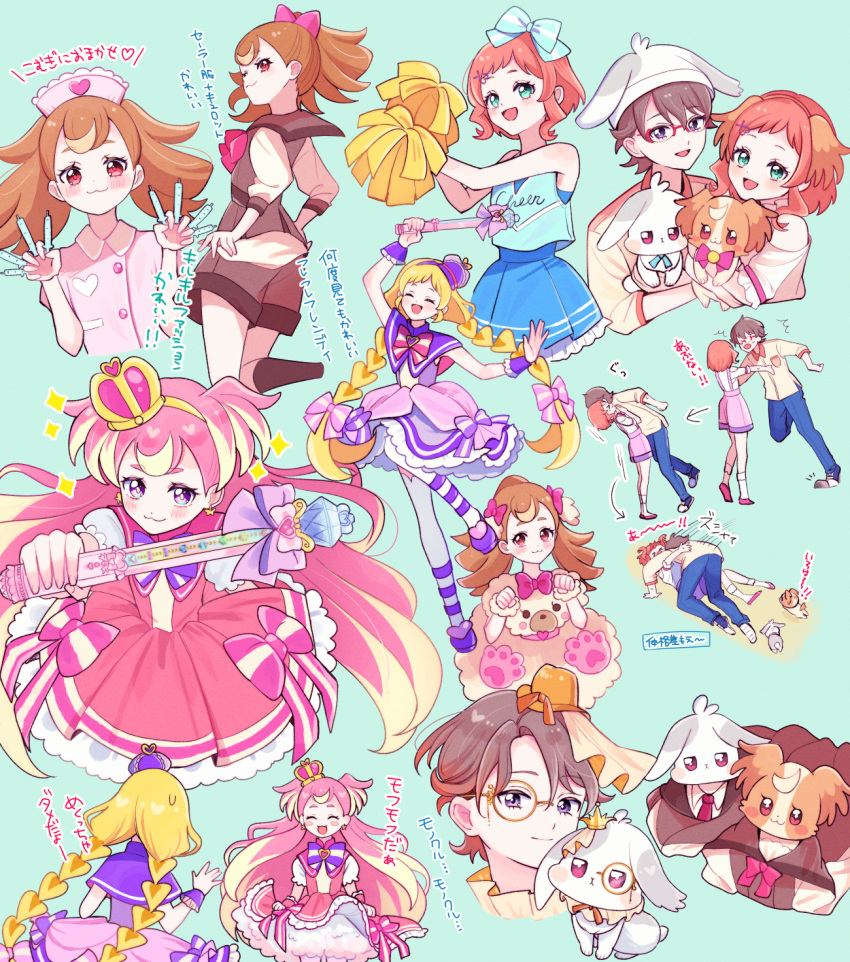 1boy, 2girls, :d, ^_^, animal, animal_ears, bare_arms, blonde_hair