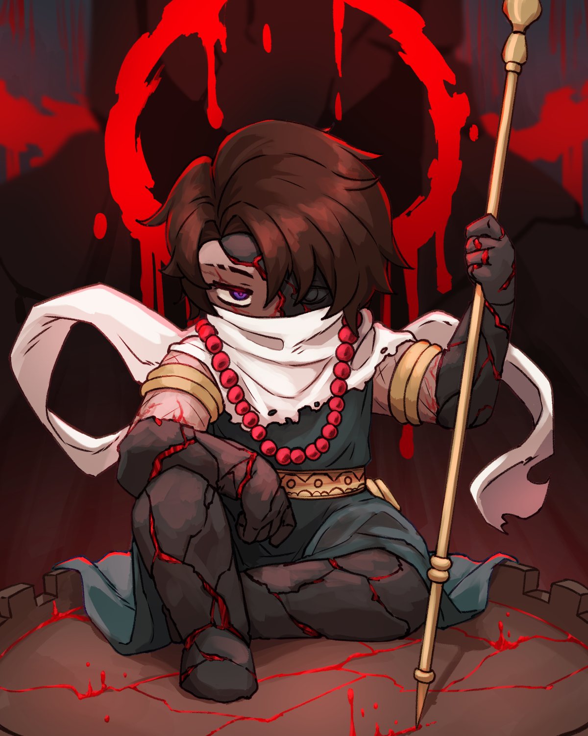 1boy, armlet, bead_necklace, beads, belt, blood, blue_tunic, cracked_skin