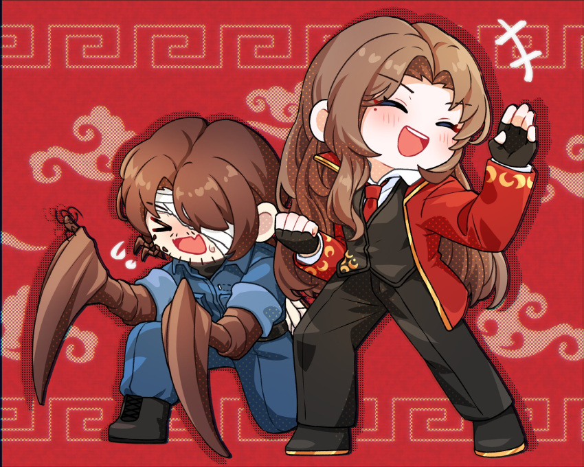 >_<, 1boy, 1girl, arthropod_limbs, black_pants, blue_jacket, blue_pants, brown_eyes