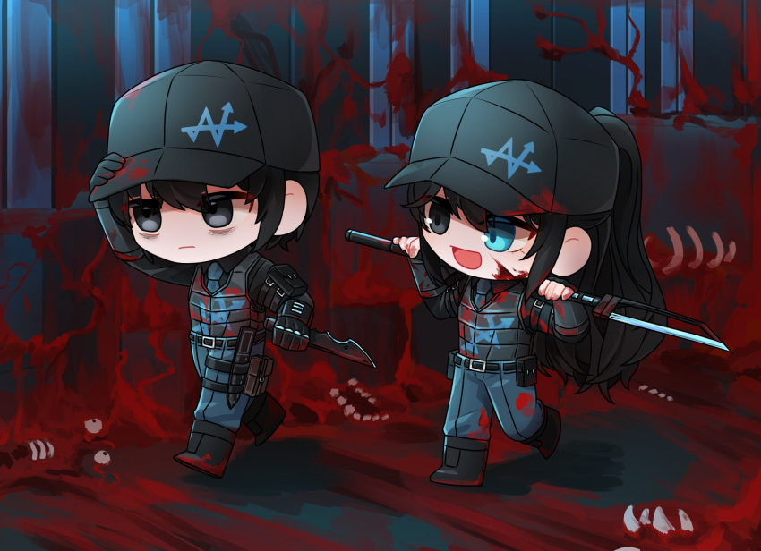 2boys, baseball_cap, black_eyes, black_gloves, black_hair, black_hat, black_shirt, blood