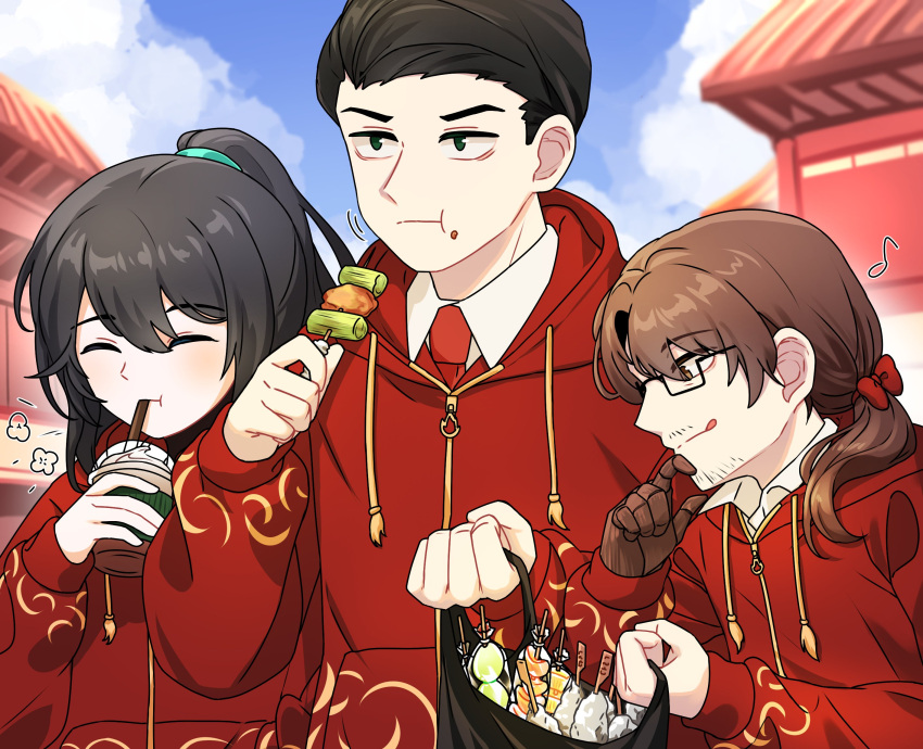 3boys, black_hair, bow, brown_eyes, brown_hair, closed_eyes, closed_mouth, cup