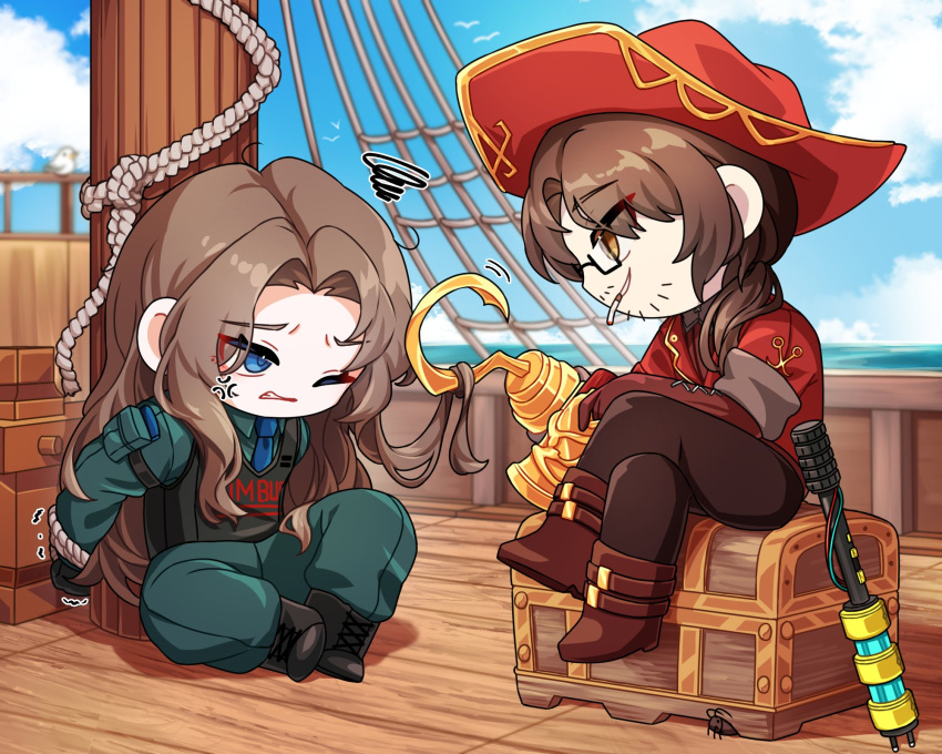 1boy, 1girl, black_pants, blue_eyes, bound, bound_arms, brown_hair, bug
