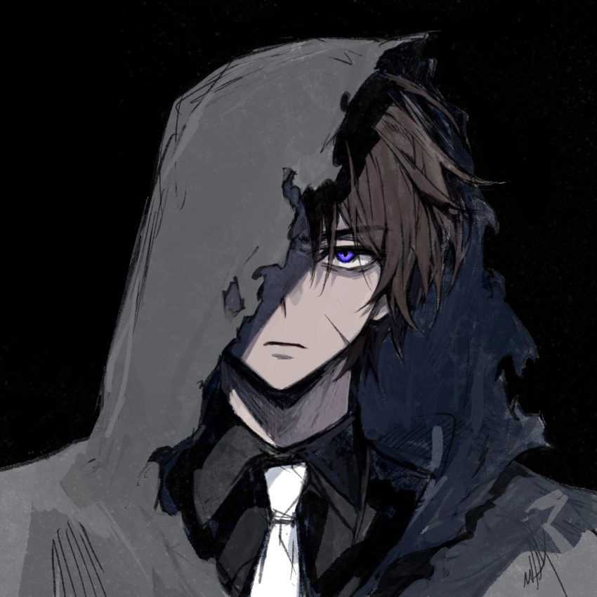 artist_request, black_shirt, brown_hair, collared_shirt, dark-skinned_male, dark_skin, heathcliff_(project_moon), highres, limbus_company, looking_at_viewer, necktie, non-web_source, one_eye_covered, project_moon, raincoat, scar, scar_on_face, shirt, sunshower_heathcliff_(project_moon), torn_clothes, violet_eyes
