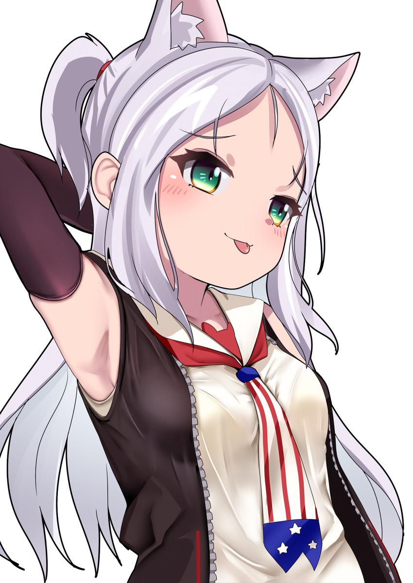 1girl, animal_ear_fluff, animal_ears, armpits, azur_lane, black_gloves, black_vest, blush