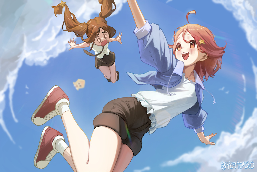 2girls, absurdres, ahoge, blush, brown_eyes, brown_hair, character_request, clouds