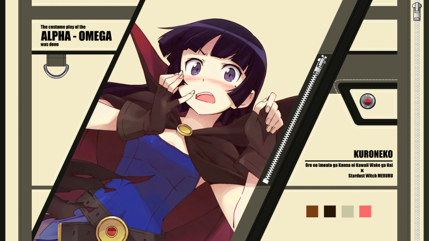 alpha_omega_(cosplay), black_hair, blush, cape, cosplay, fingerless_gloves, furukawa_hideki, gloves