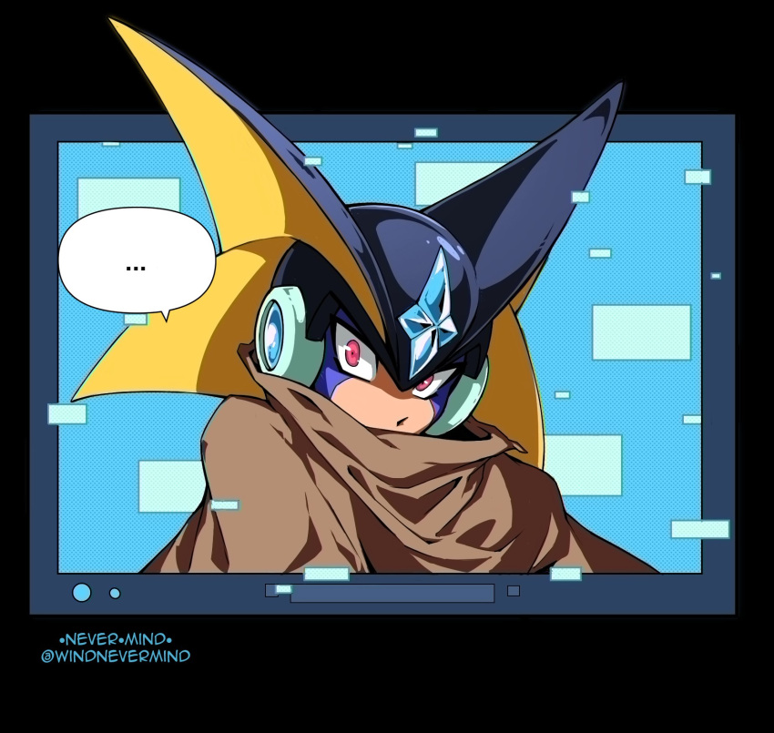..., 1boy, artist_name, bass.exe_(mega_man), black_border, black_helmet, blue_background, border, brown_cloak, cloak, commentary, facial_mark, fins, head_fins, helmet, highres, male_focus, mega_man_(series), mega_man_battle_network_(series), red_eyes, solo, speech_bubble, twitter_username, upper_body, windnevermind
