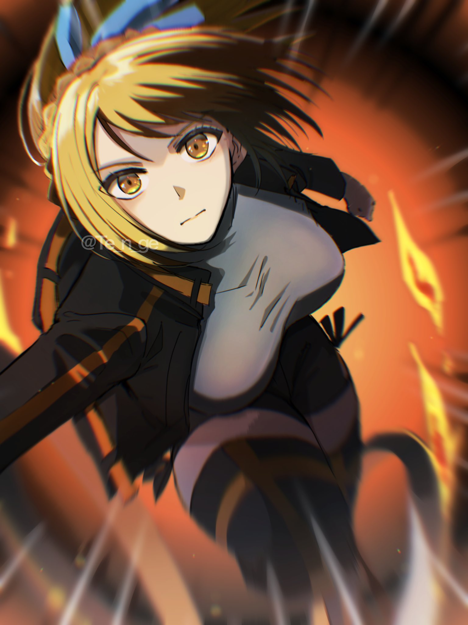 1girl, :|, black_jacket, black_shorts, black_thighhighs, blonde_hair, blue_ribbon, braid, breasts, closed_mouth, crown_braid, dark_background, fire, grey_shirt, hair_ribbon, highres, jacket, large_breasts, looking_at_viewer, medium_hair, motion_blur, motion_lines, nue_no_onmyouji, open_clothes, open_jacket, orange_background, ribbon, shirt, short_shorts, shorts, solo, suo_kazusa, taut_clothes, taut_shirt, te_n_ge, thigh-highs, twitter_username, yellow_eyes