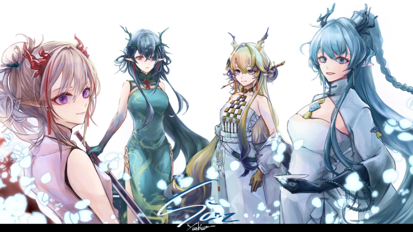 4girls, arknights, black_hair, blue_eyes, blue_hair, blue_skin, china_dress, chinese_clothes