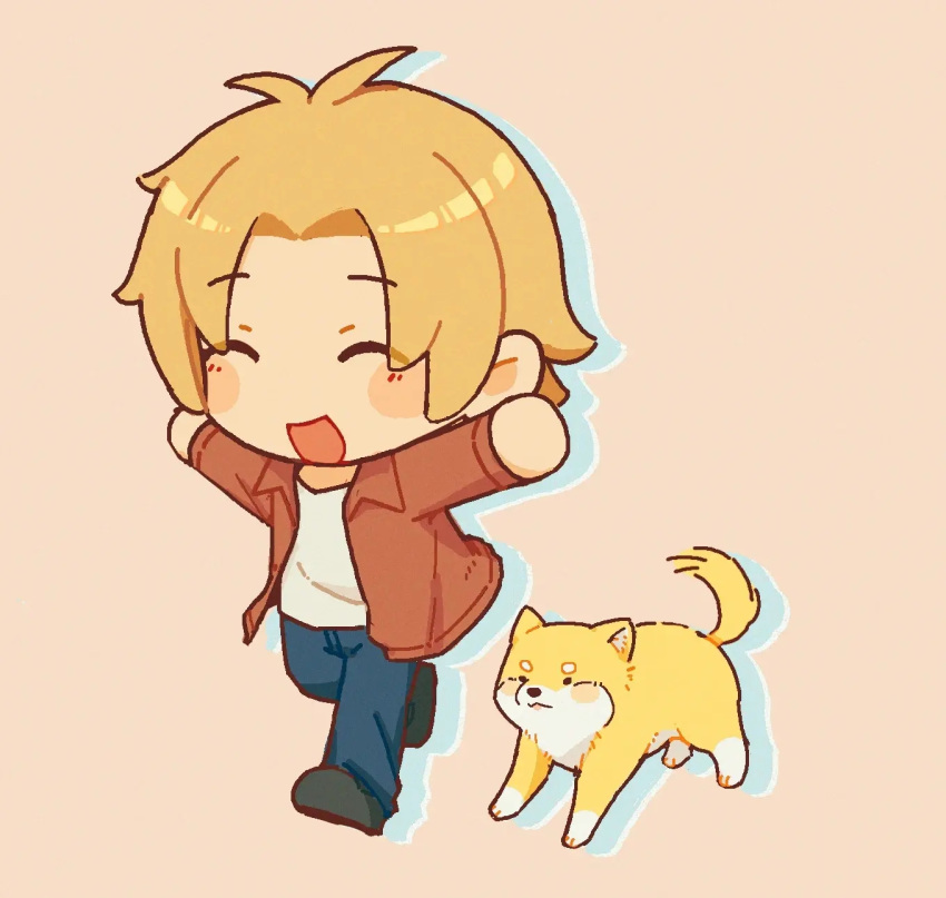 1boy, ^_^, antenna_hair, black_footwear, blue_pants, chibi, chibi_only, chinese_commentary