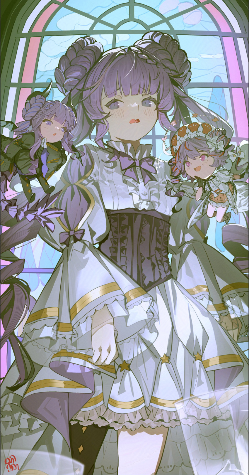 3girls, absurdres, angello_vaalmonica, black_dress, black_gloves, blue_eyes, blue_hair, demon_horns