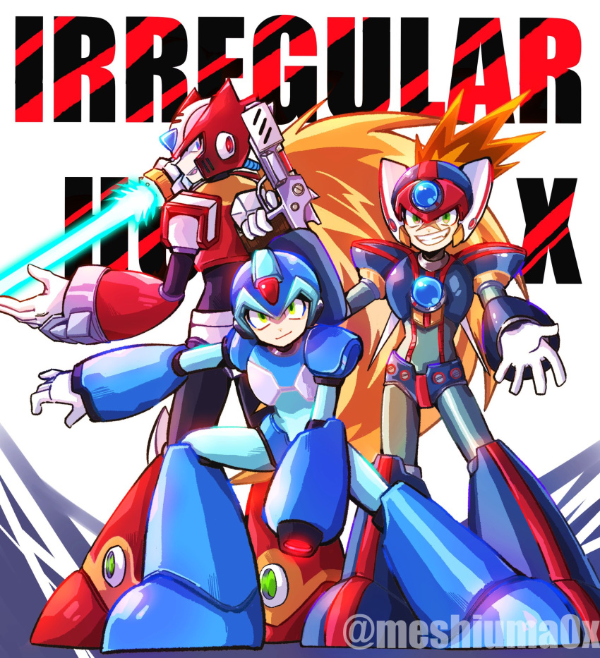 3boys, android, arm_cannon, armor, axl_(mega_man), black_armor, black_helmet, blonde_hair, blue_armor, blue_helmet, brown_hair, character_name, chest_jewel, chinese_finger_trap, closed_eyes, energy_sword, forehead_jewel, full_body, group_picture, gun, helmet, highres, holding, holding_gun, holding_sword, holding_weapon, long_hair, male_focus, mega_man_(series), mega_man_x_(series), meshiuma0x, multiple_boys, red_armor, red_helmet, shoulder_armor, simple_background, smirk, spiky_hair, sword, weapon, white_background, x_(mega_man), zero_(mega_man)