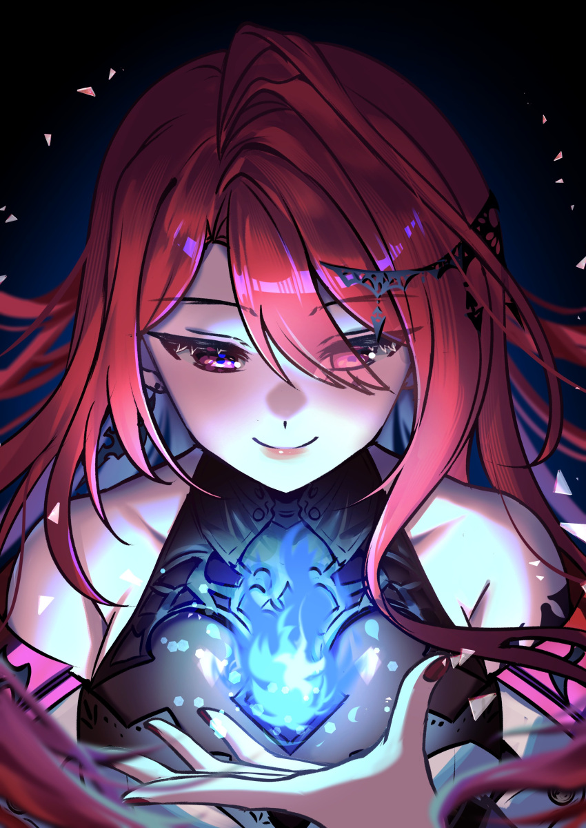 1girl, absurdres, ahoge, blue_fire, dark_background, earrings, elizabeth_rose_bloodflame, fire
