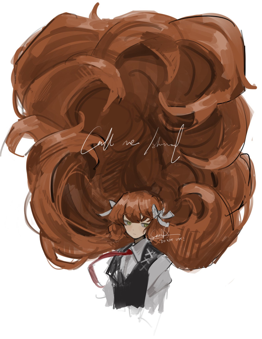 1girl, absurdly_long_hair, big_hair, black_vest, bow, collared_shirt, floating_hair, green_eyes, hair_bow, highres, ishmael_(project_moon), limbus_company, long_hair, necktie, nolongeryisang, orange_hair, project_moon, red_necktie, shirt, simple_background, solo, upper_body, very_long_hair, vest, white_background, white_bow, white_shirt