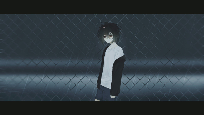1boy, black_hair, black_jacket, blue_shorts, chain-link_fence, closed_mouth, commentary, cowboy_shot, e_ya_wocao, fence, hair_between_eyes, highres, hood, hood_down, hooded_jacket, isoi_haruki, jacket, letterboxed, long_sleeves, male_focus, off_shoulder, open_clothes, open_jacket, outdoors, rain, red_eyes, saibou_shinkyoku, shirt, short_hair, shorts, solo, symbol-only_commentary, white_shirt