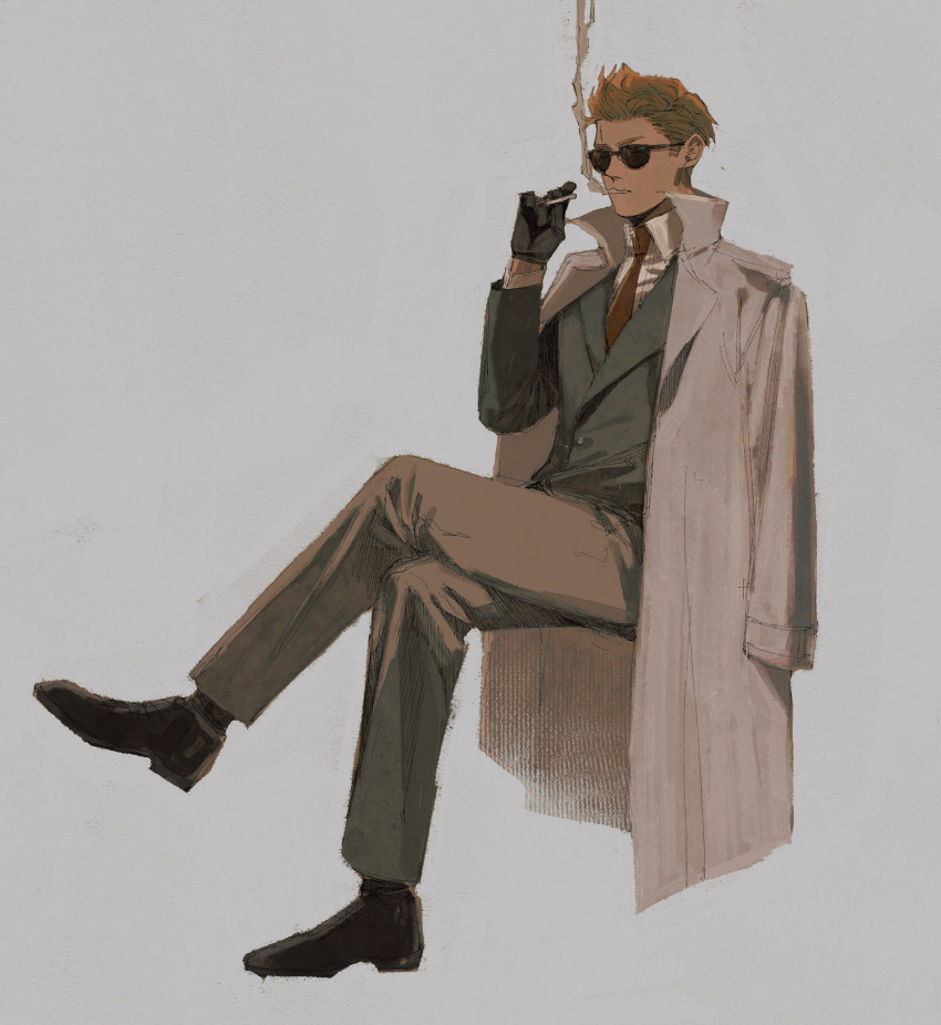 1boy, axis_powers_hetalia, black_footwear, blonde_hair, brown_pants, cigarette, collared_shirt, crossed_legs