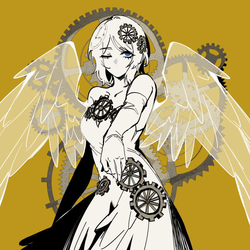 1girl, bare_shoulders, clock_hair_ornament, disenchant_ego, dress, e.g.o_(project_moon), elbow_gloves, everlasting_faust_(project_moon), faust_(project_moon), gear_hair_ornament, gears, gloves, highres, limbus_company, looking_at_viewer, one_eye_closed, project_moon, short_hair, simple_background, solo, strapless, strapless_dress, white_dress, white_gloves, white_hair, white_wings, wings, yellow_background