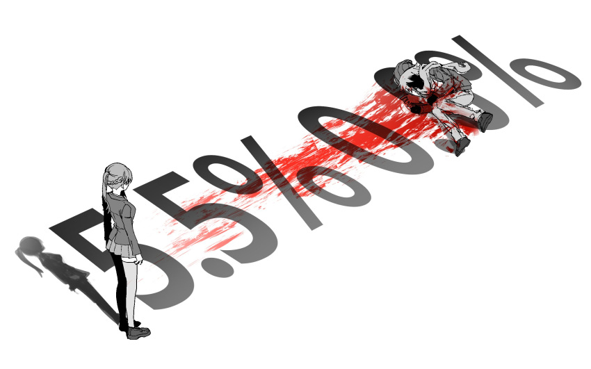 1boy, 1girl, beanie, blood, censored, chidouin_sara, full_body, gongbbang, greyscale, hat, high_ponytail, highres, hiyori_sou, identity_censor, jacket, kimi_ga_shine, long_sleeves, lying, monochrome, nape_braid, on_side, pants, pleated_skirt, scarf, shoes, simple_background, skirt, spoilers, thigh-highs, white_background
