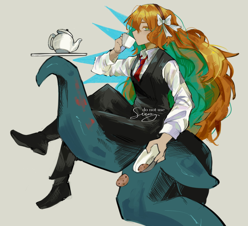 1girl, black_pants, black_vest, bow, brown_hairband, cookie, cup, drinking