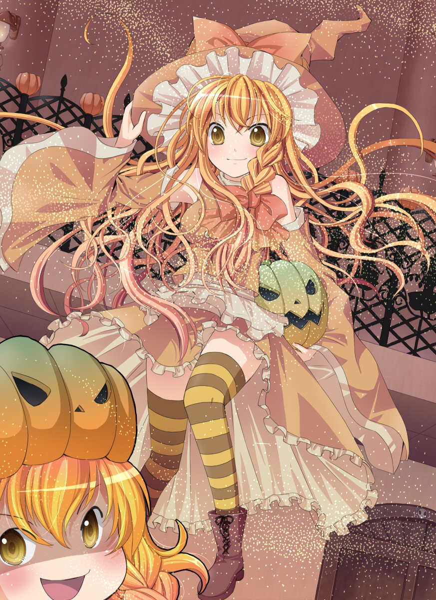braid, halloween, hat, highres, jack-o'-lantern, jack-o'-lantern, kirisame_marisa, long_hair, mystmu, pumpkin, striped, striped_legwear, striped_thighhighs, thigh-highs, thighhighs, touhou, witch_hat, yellow_eyes, yukkuri_shiteitte_ne