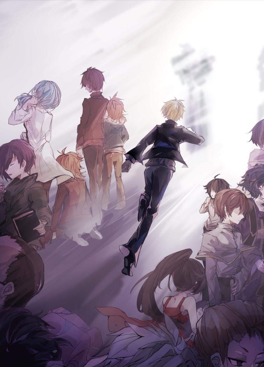 4girls, 6+boys, ahoge, aiba_ibuki, atou_haruki, black_footwear, black_hair, black_jacket