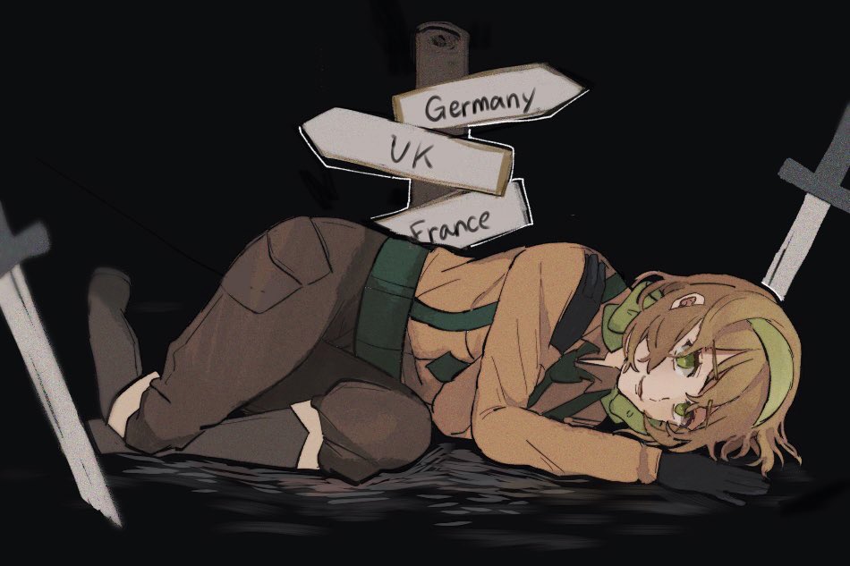 1girl, axis_powers_hetalia, belbeltomato, belgium_(hetalia), belt, black_background, blonde_hair, boots, bow, brown_pants, brown_shirt, english_text, green_eyes, green_necktie, hair_bow, headband, lying, military_uniform, necktie, on_ground, on_side, pants, planted, planted_sword, shirt, smile, solo, suspenders, sword, uniform, weapon