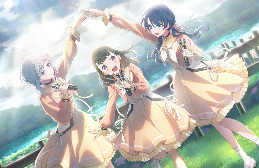 3girls, :d, after_rain, arm_up, black_choker, blazer, bloom_the_smile_bloom_the_dream!, blue_eyes