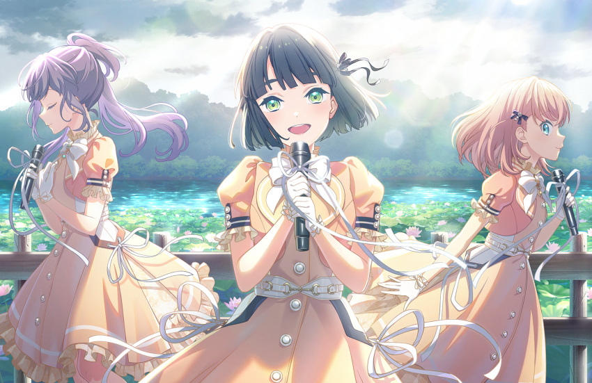 3girls, :d, after_rain, aqua_eyes, black_hair, black_ribbon, blazer, bloom_the_smile_bloom_the_dream!