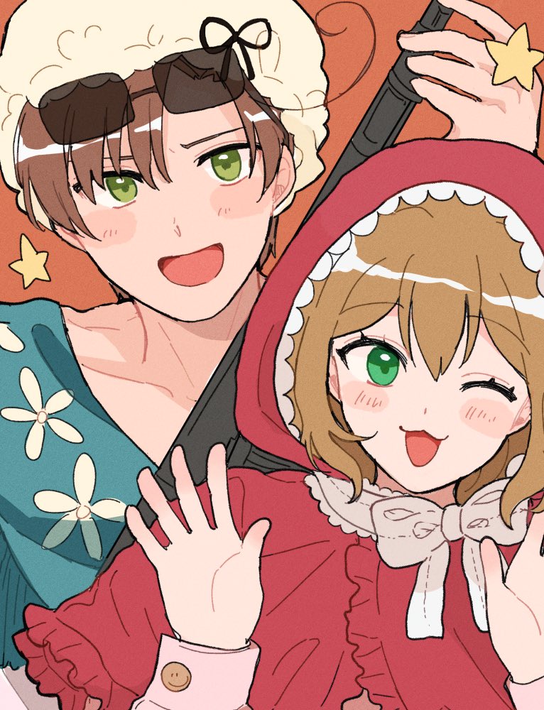 1boy, 1girl, :3, ahoge, axis_powers_hetalia, belbeltomato, belgium_(hetalia), blonde_hair, bonnet, bow, brown_hair, cape, eyewear_on_head, floral_print, frills, green_eyes, gun, hands_up, hood, little_red_riding_hood, one_eye_closed, open_mouth, red_cape, red_hood, shotgun, southern_italy_(hetalia), star_(symbol), sunglasses, weapon