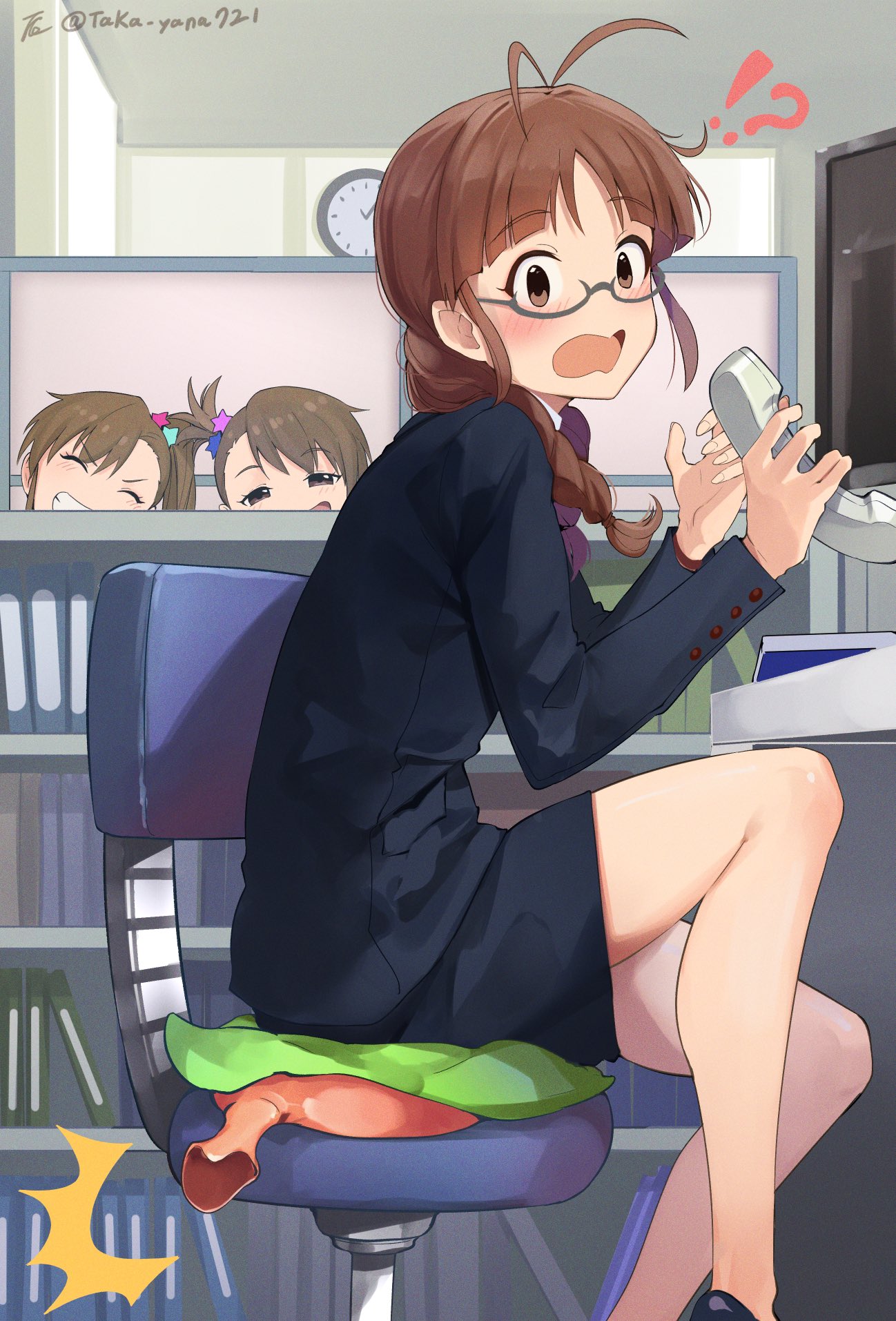 !?, 3girls, akizuki_ritsuko, antenna_hair, arched_bangs, artist_name, asymmetrical_bangs, asymmetrical_hair