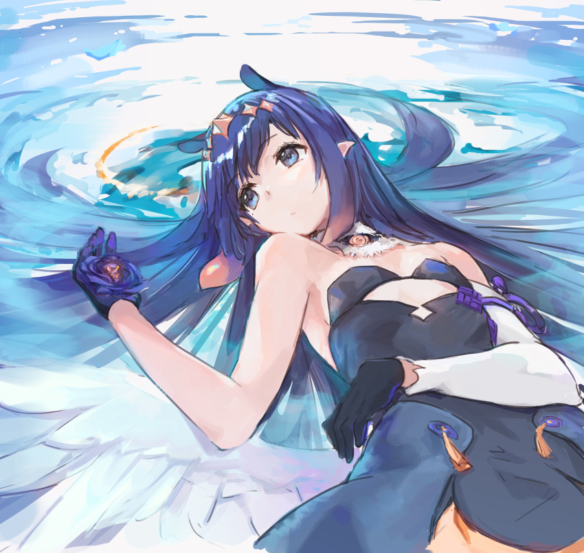 1girl, afloat, bare_shoulders, black_gloves, blue_eyes, blue_hair, choker, detached_sleeves