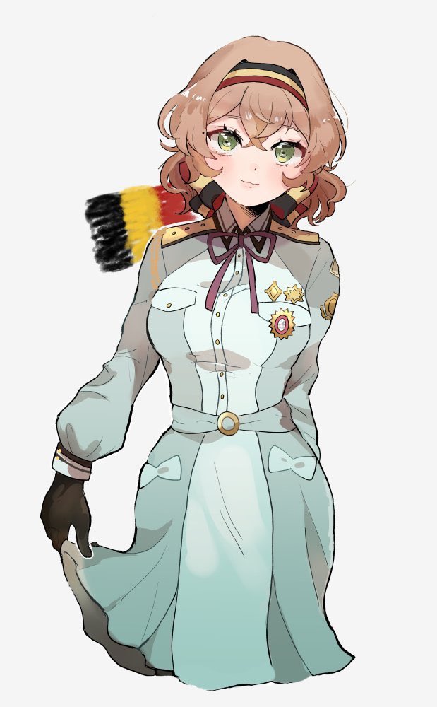 1girl, :3, arm_behind_back, axis_powers_hetalia, badge, belbeltomato, belgian_flag, belgium_(hetalia)