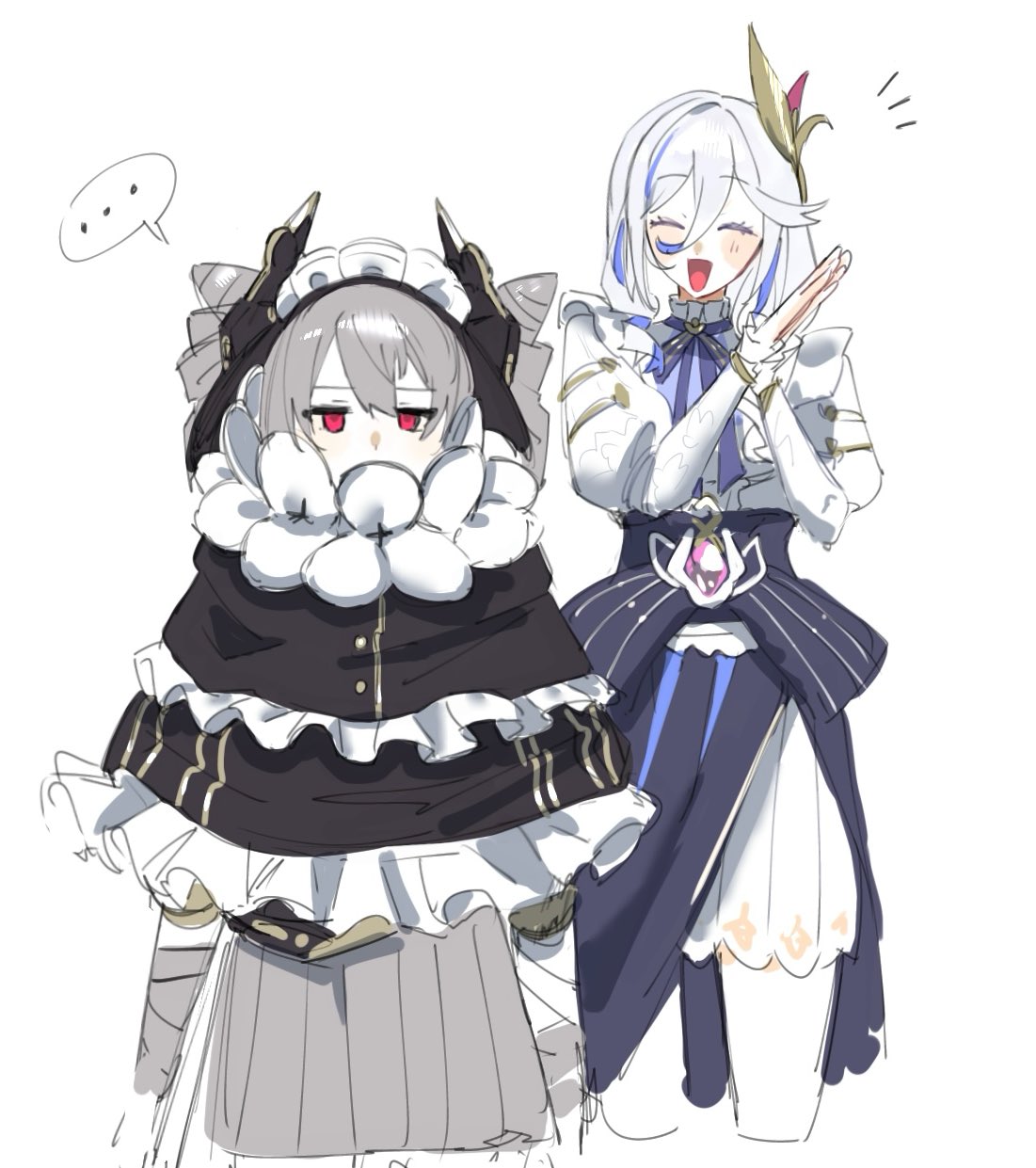 ..., 2girls, :d, ^_^, black_capelet, blue_hair, blush_stickers, capelet, character_request, closed_eyes, cone_hair_bun, cropped_legs, dress, frilled_capelet, frills, grey_dress, grey_hair, hair_between_eyes, hair_bun, hands_up, highres, honkai_(series), honkai_impact_3rd, juliet_sleeves, long_sleeves, multicolored_hair, multiple_girls, palms_together, pantyhose, puffy_sleeves, red_eyes, shirt, sho_2nini, simple_background, sketch, skirt, smile, spoken_ellipsis, streaked_hair, white_background, white_pantyhose, white_shirt, white_skirt