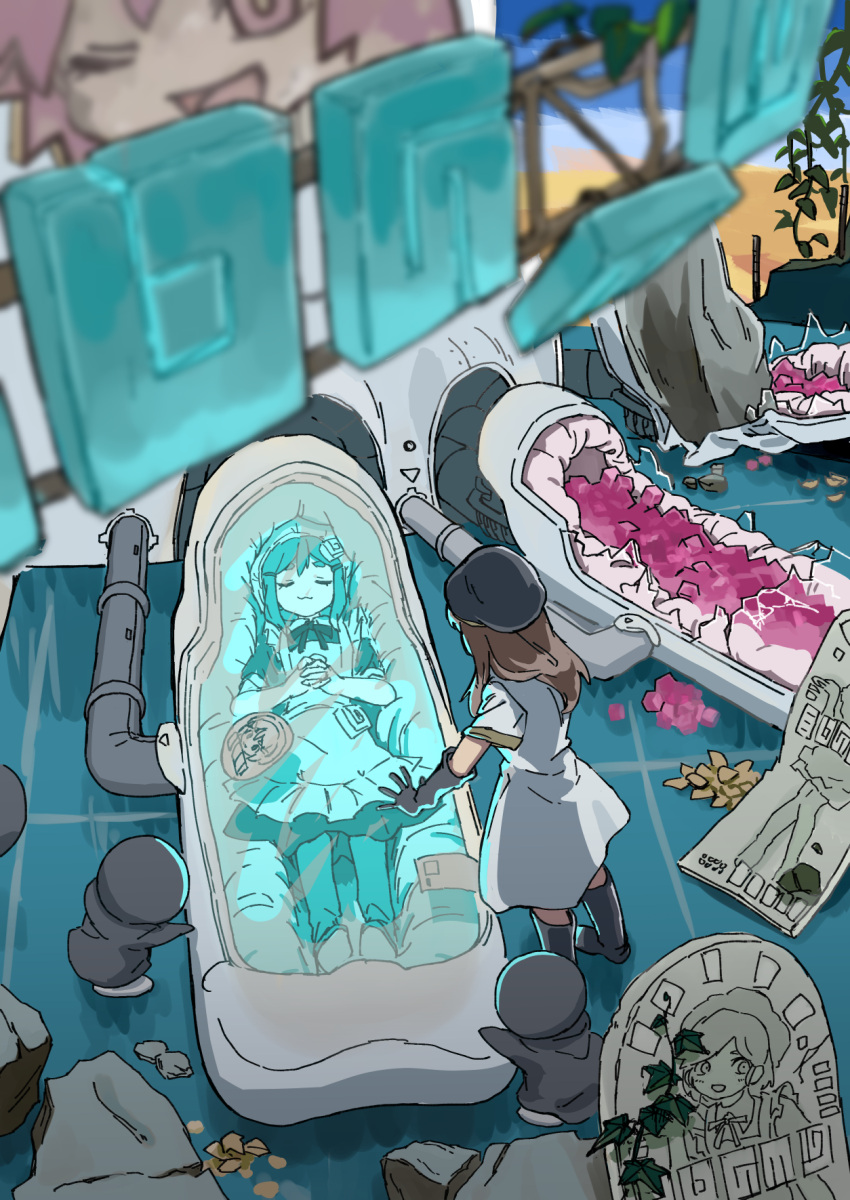 2girls, android, apron, black_dress, closed_eyes, closed_mouth, commentary_request, dress, drip_(vanillaklein), english_commentary, gloves, highres, lying, machine, maid, maid_apron, mixed-language_commentary, multiple_girls, on_back, original, science_fiction, sleeping, standing, stevia_(vanillaklein), vanillaklein, white_apron