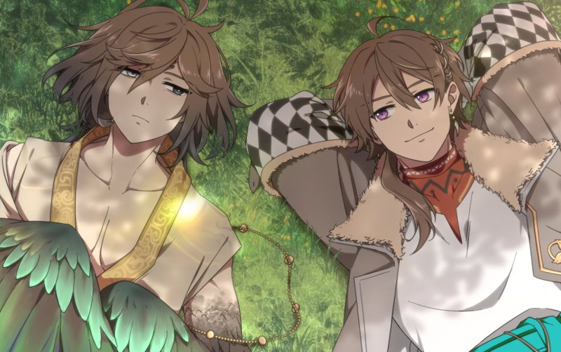 2boys, arms_behind_head, bird_wings, black_eyes, bright_pupils, brown_coat, brown_hair, chinese_clothes