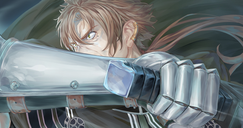 1boy, armor, brown_hair, cape, ear_piercing, gauntlets, green_cape, green_eyes