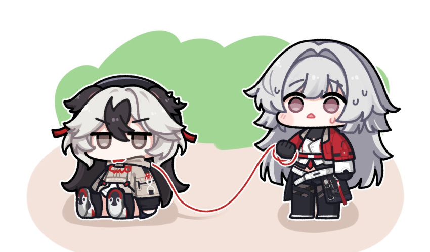 2girls, :<, animal_ears, beret, black_footwear, black_gloves, black_hair, black_hat