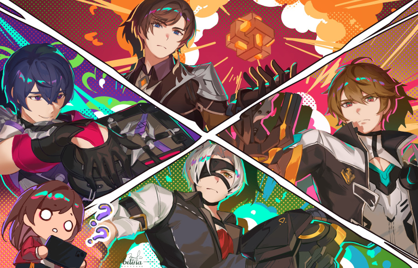 1girl, 4boys, ?, ??, absurdres, ahoge, april_fools, artem_wing_(tears_of_themis)
