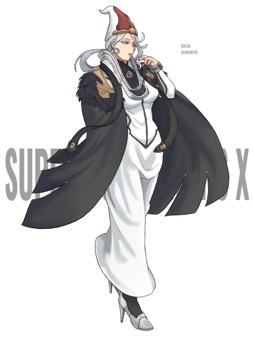 1girl, black_cape, breasts, brown_eyes, cape, copyright_name, cross, cross_earrings