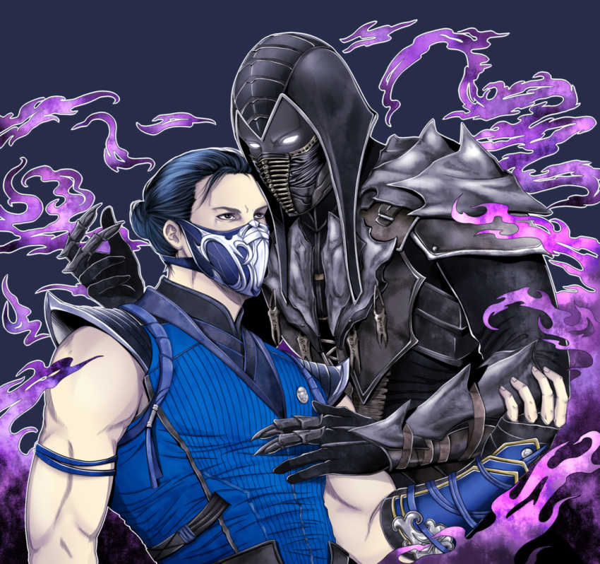2boys, bi-han, black_skin, blue_background, chinese, dual_persona, hairbun, mortal_kombat, mortal_kombat_(series), mortal_kombat_1_(2023), ninja, noob_saibot, shiemasu, simple_background, undead