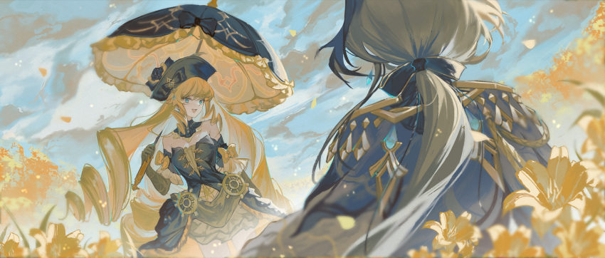 2girls, black_flower, black_gloves, black_hat, black_rose, blonde_hair, blue_cape, blue_capelet